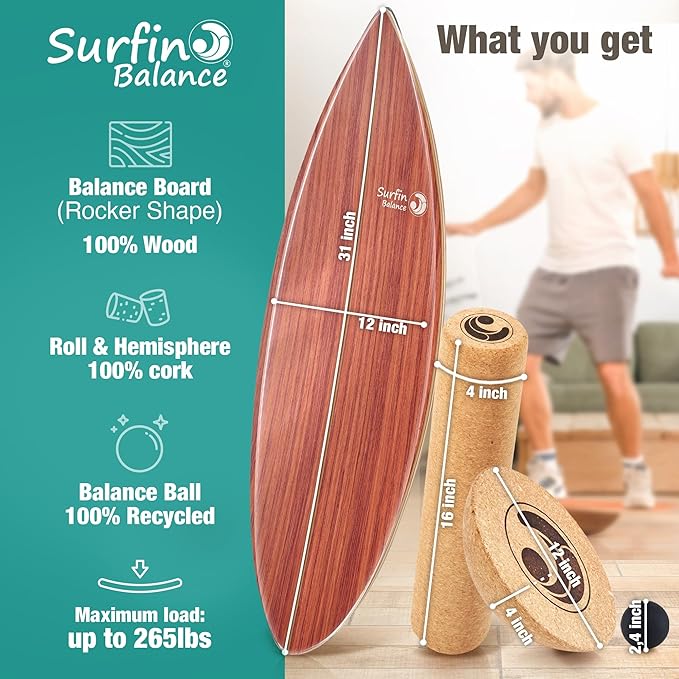 Wooden Balance Board - unique [incl. corc roller, corc hemisphere and balance ball] Balance Board Kids - Balance Boards for Adults - Indo Board Mobo Board Gibbon Board Giboard Slackboard Balancing