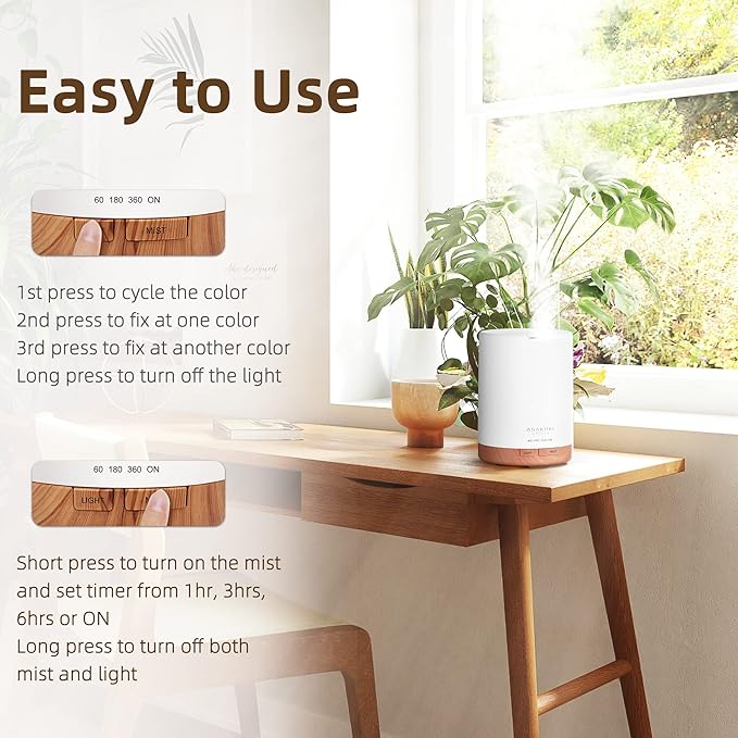 ASAKUKI Essential Oil Diffuser, Aromatherapy Cool Mist Home Humidifier with 7 LED Color Changing Light and Auto-Off Safety Switch, 8 Essential Oils Set, 300ml (Brown with Oils)