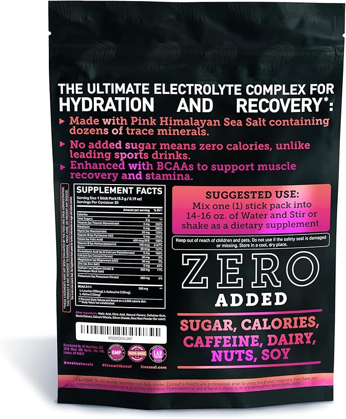 Enhanced Electrolyte Powder Stick Packs (Raspberry Guava | 20 Packets) w/ 0 Sugar +BCAAs +B-Vitamins Electrolyte Supplement w Potassium Zinc & Magnesium for Hydration - Keto Electrolytes