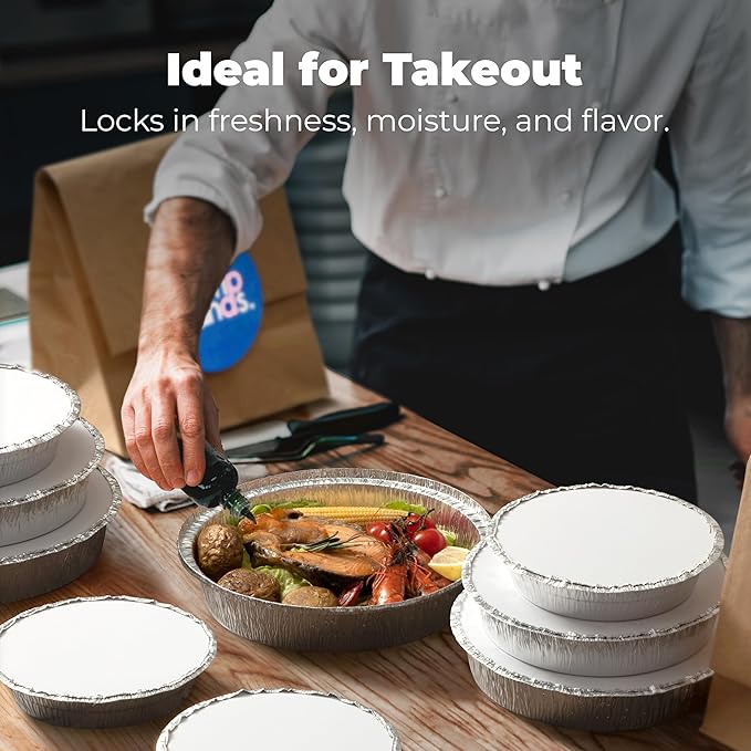 Fit Meal Prep 45 Pack 9” Round Aluminum Foil Pans with Lids, Pie Tins Disposable 9 inch with Lids, Take Out Containers, Freezer Oven Safe Aluminum Baking Pans for Storing, Cooking, Storage, Reheating