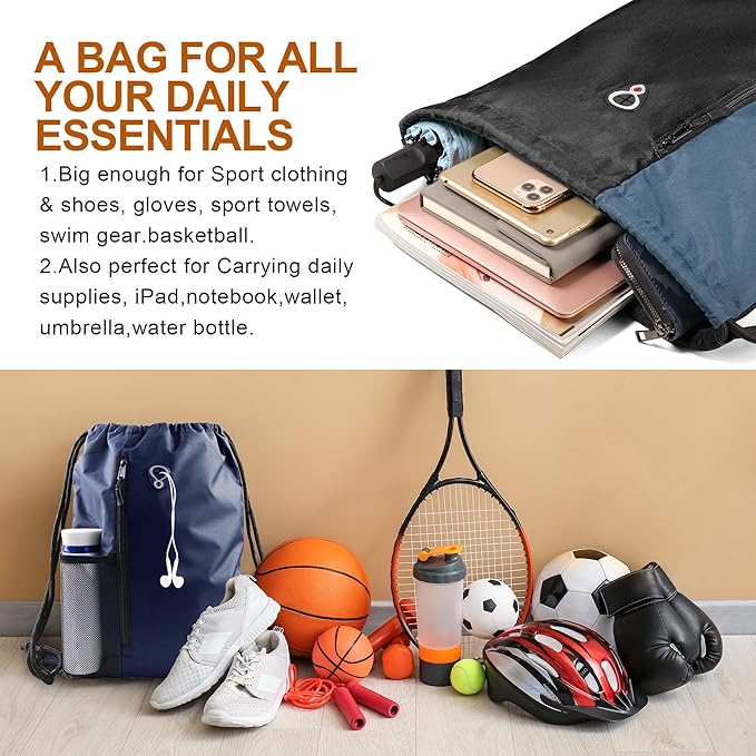 BeeGreen Haze Blue Drawstring Backpack Gym Bag For Men & Women – Sports Sackpack with Mesh Water Bottle Holder & 2 Zippered Pockets – Large 16x20 Inch Cinch String Backpack