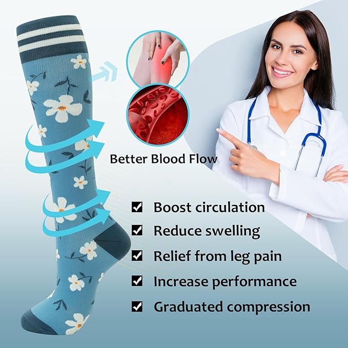 fenglaoda Compression Socks Women Men 4 Pairs, Knee High Support Socks for Running, Sports, Travel, Flight, Nurse