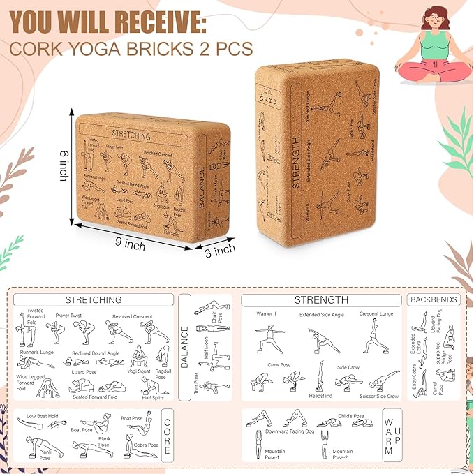 Cork Yoga Blocks 2 Pack Yoga Poses Teaching Cork Blocks, Suitable Poses for Beginners and Experts High Density Block with Non Slip Surface for Better Support, Balance Comfort (Beige)