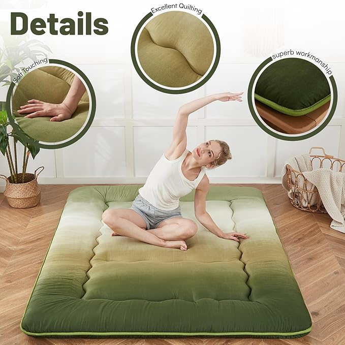 Japanese Floor Mattress, Futon Mattress with Portable Storage Bag and Washable Cover, Roll Up Thick Tatami Mat Suitable for Camping, Guest Room (Forest Gradient, Twin)