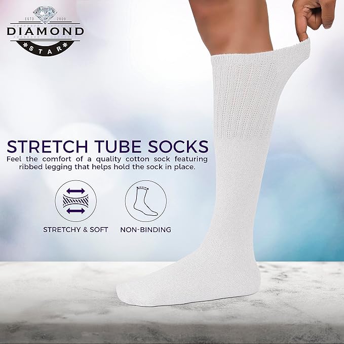 Diamond Star Men's 6 Pack Athletic Tube Socks Running Sports OVER THE CALF Full Cushioned Premium Soft Cotton Big and Tall