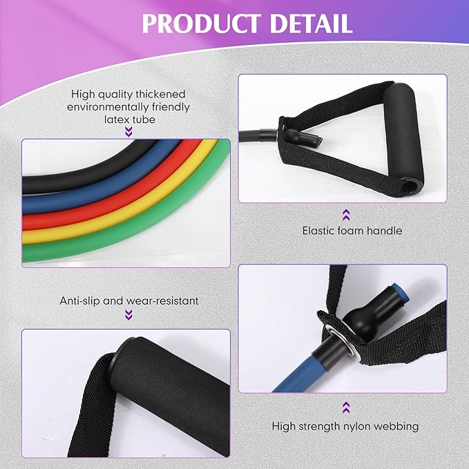 Shappy 10 Pcs Resistance Bands with Handles Exercise Stretch Bands for Exercise Woman Man Training Physical Therapy Workouts Fitness