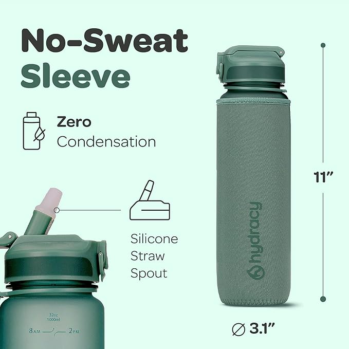 Hydracy Water Bottle with Time Marker -Large BPA Free Water Bottle & No Sweat Sleeve -Leak Proof Gym Bottle with Fruit Infuser Strainer & Times to Drink -Ideal for Fitness Sports & Outdoors