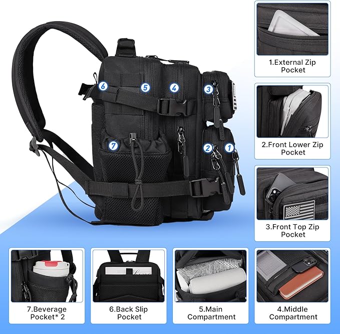 15L Mini Tactical Backpack Small Tactical Backpack for Men and Women, Military Backpack for Gym, Hiking, Daily (Black-15L)