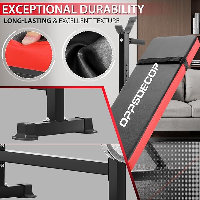 OPPSDECOR 8-in-1 Foldable Weight Bench Set with Squat Rack, Adjustable Bench Press Home Gym System for Full-Body Workout, Flat Incline Decline Sit Up Bench with Removable Foot Catch & Elastic Ropes