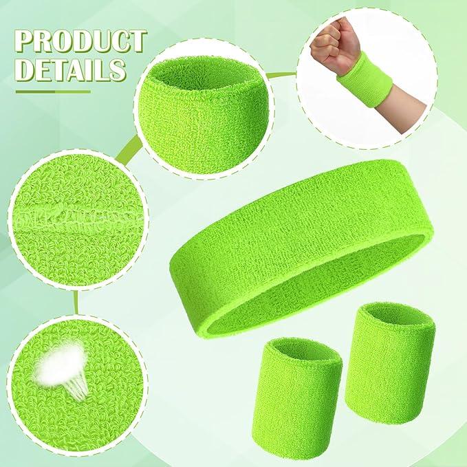 24 Pieces 80s Neon Sweatbands Set, Include 8 Sports Headbands and 16 Sweat Wristbands Elastic Athletic Tennis Sweat Bands Bulk for Man Woman
