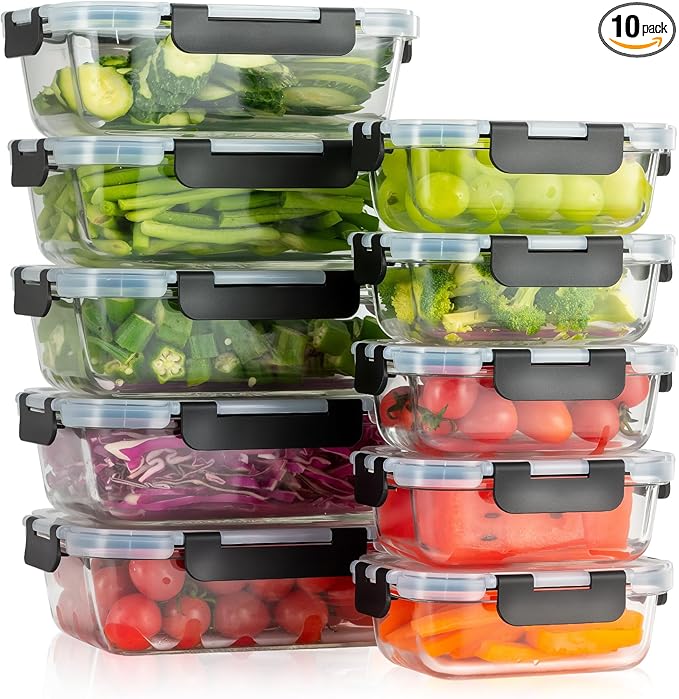 [10-Pack Glass Meal Prep Containers with Lids, Food Storage Containers with Snap Locking Lids, Airtight Lunch Containers, Microwave, Oven, Freezer and Dishwasher,Black