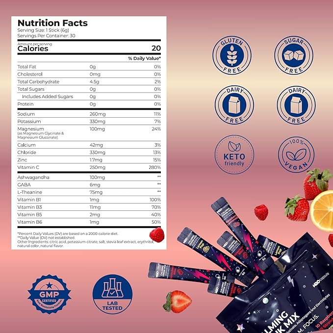 Calm Magnesium Glycinate Drink Mix with Electrolytes – Sugar Free Powder with Ashwagandha, L-Theanine, Vitamin B & GABA – Cortisol Support, Stress Relief, Hydration & Focus - 30 servings (Variety)