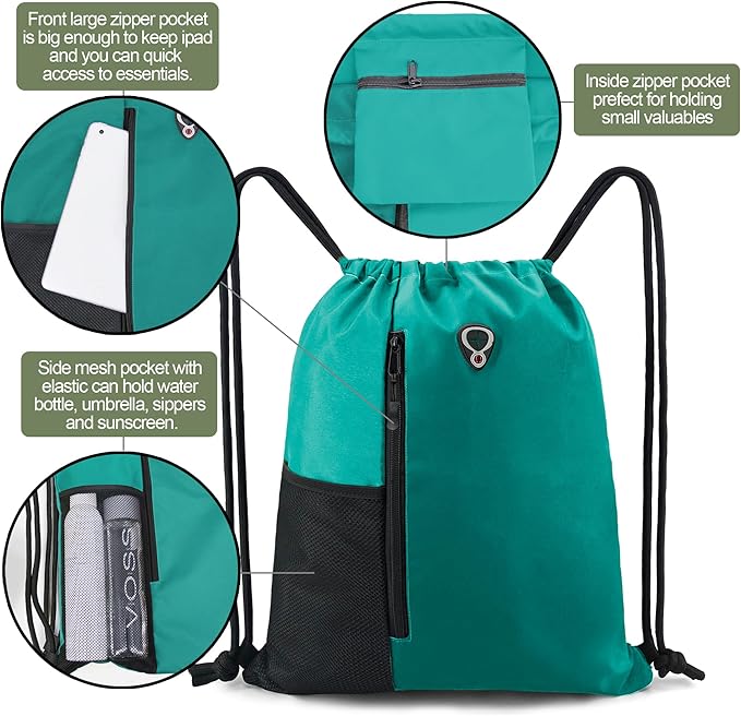 BeeGreen Marrs Green Drawstring Backpack Gym Bag For Men & Women – Sports Sackpack with Mesh Water Bottle Holder & 2 Zippered Pockets – Large 16x20 Inch Cinch String Backpack