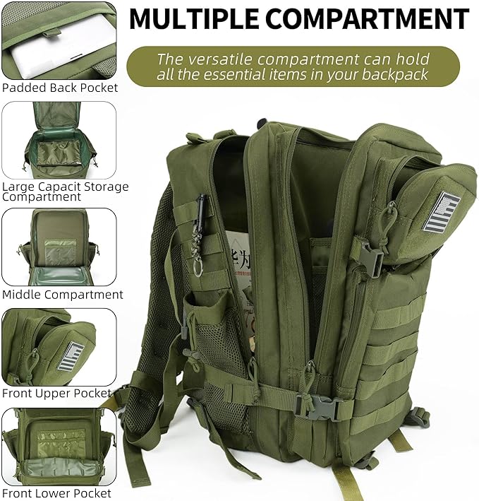 gracedon Tactical Backpack - Military Molle Bag 3 Days Pack for men and Women Large Assault Rucksack 45L (Green)