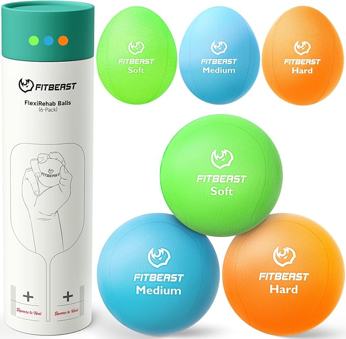FitBeast Stress Balls for Adults, 6-Pack Hand Therapy Balls, Soft, Medium, Hard Tri-Density, Green, Orange, Blue