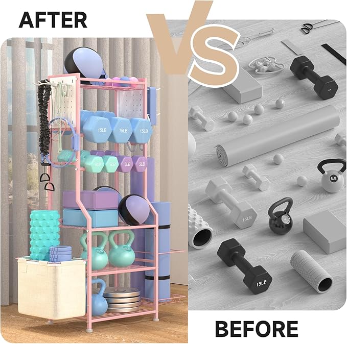 Dumbbell Rack, Home Gym Storage for Kettlebells, Yoga Mat & Strength Training Equipment, Weight Rack With Peg Board Organizer, Workout Gym Equipment Storage