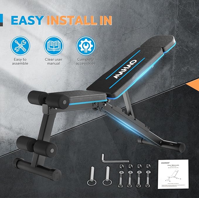 Adjustable Weight Bench for Home Gym, Workout Bench Incline Decline with Adjustable Headrest, Fast Folding Bench Press for Full Body Workout