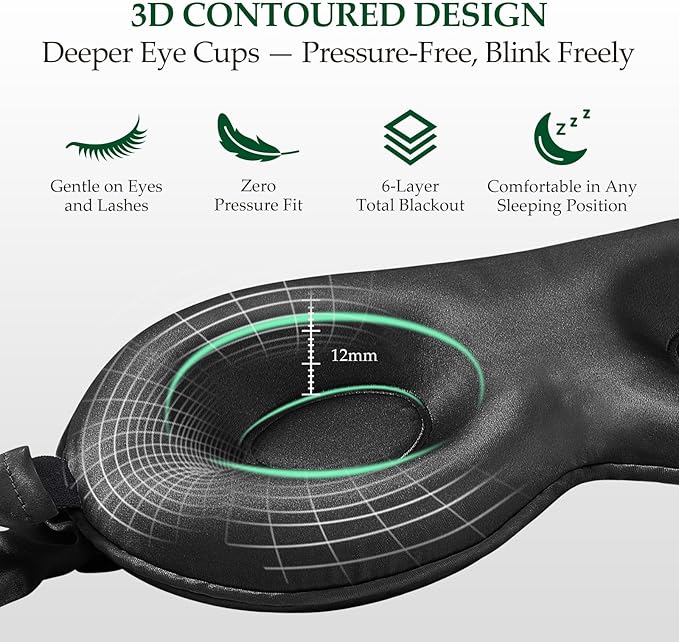 100% Mulberry Silk Sleep Mask for Unisex, 22 Momme 3D Silk Contoured Eye Mask, Breathable Light Blocking Blindfold with Adjustable Strap, Blackout Eye Cover for Travel, Black