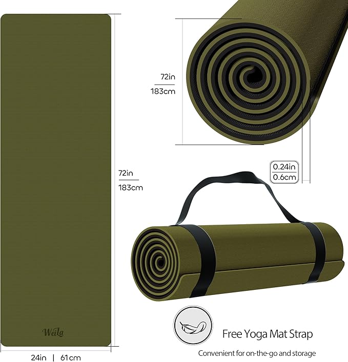 Non-slip TPE Yoga Mat for Women & Men,72"x24" Double-Sided Workout Mat for Home Gym Pilates Fitness,1/4 Inch Packable Lightweight Exercise Mat with Strap for Travel,Non Toxic Exercise Floor Mat