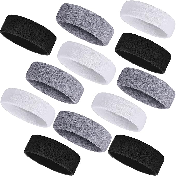 Bememo 12 Pcs Sweatbands Sport Headbands for Men & Women Basketball Headband Sport Competitions Sweat Headbands Running Terry Cloth Moisture Wicking for Yoga,Tennis,Gym,Exercise
