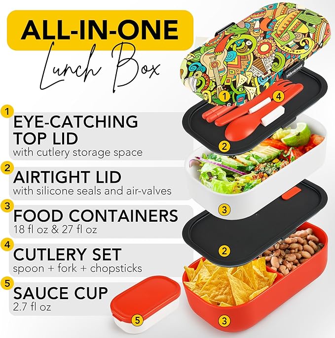 Insulated Stackable Bento Box for Adults with Reusable Chopsticks Japanese Lunch Box Microwavable & Leak Proof Lunch Containers for Men & Women Modern Cute Food Container with Compartments (Red White)