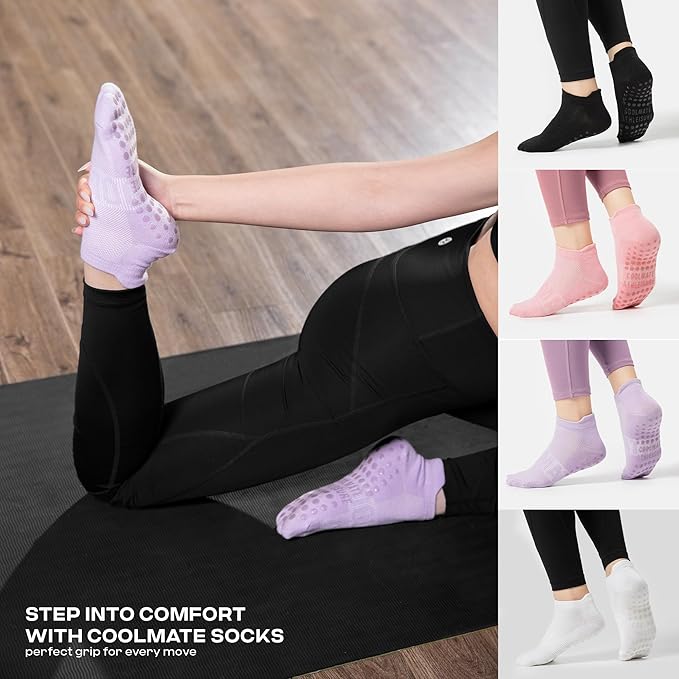 CoolMate Pilates Socks with Grips for Women, Yoga Socks, Crew Non Slip Women for Workout, Barre, Pilates Gifts