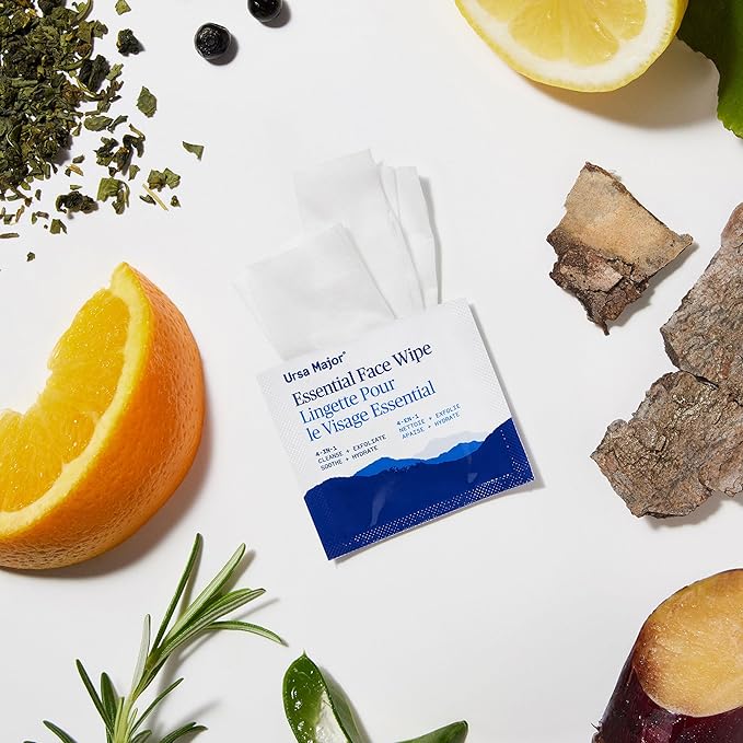 Ursa Major Essential Face Wipes | Natural, Biodegradable, Cruelty-Free | Cleanse, Exfoliate, Soothe and Hydrate | Individually Wrapped | 20 Count