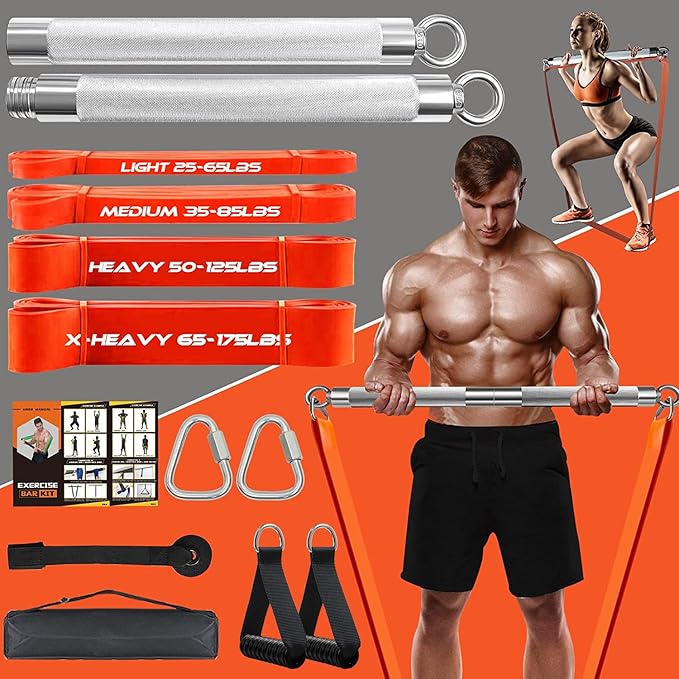 DASKING Resistance Band Bar Set for Home Gym, 500LB Total Resistance with Longer Bar & 4 Stackable Bands, Detachable for Full Body Workouts, Door Anchor, Exercise Guide