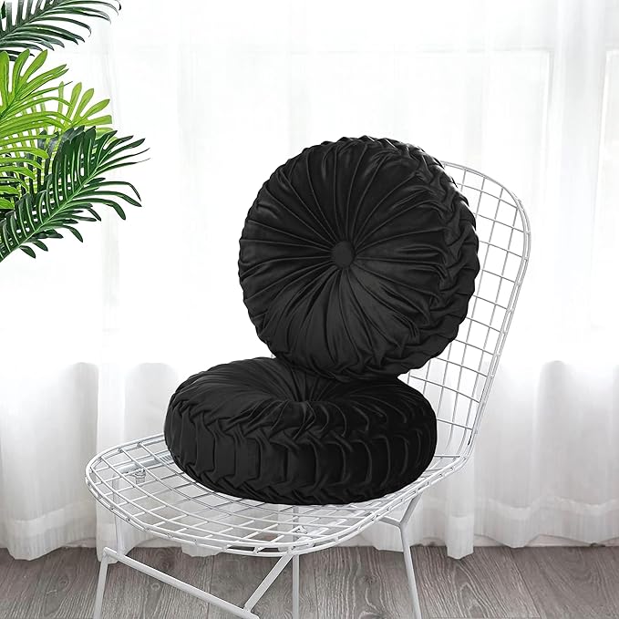 HIG Set of 2 Decorative Round Pleated Throw Pillows, Classy Accent Pumpkin Throw Pillows with Center Button, Vintage Velvet Floor Pillows for Sofa Vanity Chair Bed, Black, 14.5" Diameter(Ripple)
