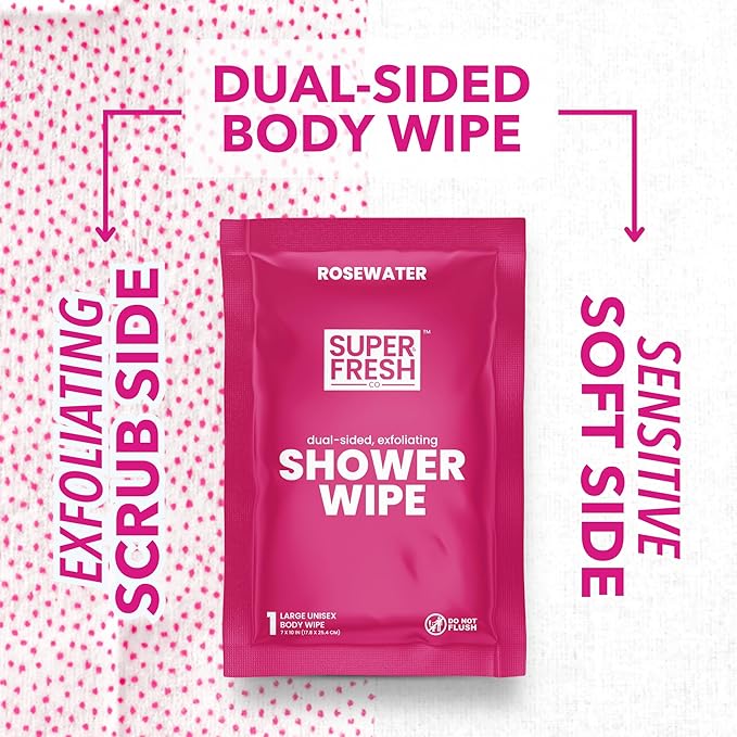 Super Fresh Shower Wipes Large RoseWater Body Wipes for No Rinse Bathing Personal Hygiene Gym Travel or Camping Enriched with Aloe and Vitamin E 20 Individually Wrapped Disposable Sheets