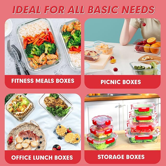 VERONES 30 Pieces Glass Meal Prep Containers Set, Stackable Glass Food Storage Containers with Lids-Airtight Glass Lunch Containers，for Microwave, Oven, Freezer & Dishwasher,Red