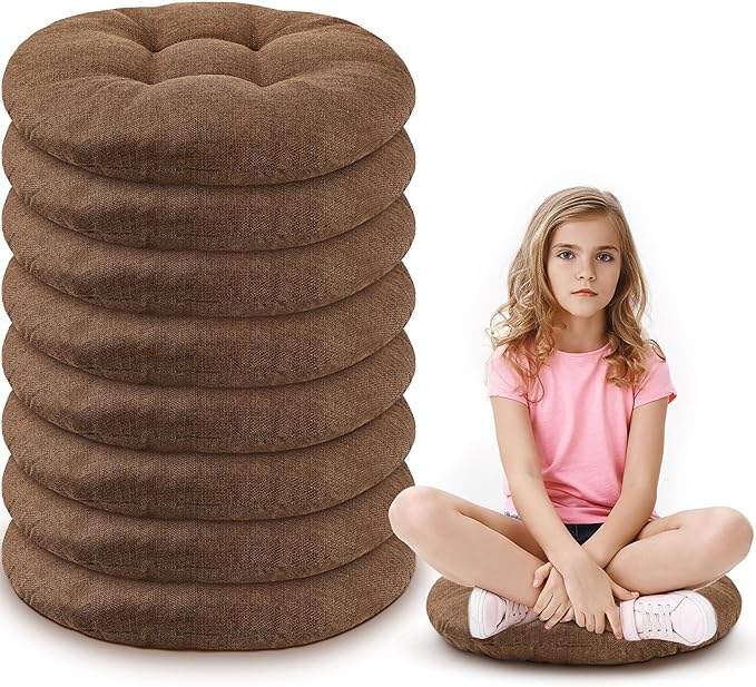 Fumete 8 Pcs 16 Inch Round Floor Cushions for Kids and Toddlers, Flexible Seating Classroom Furniture Floor Pillow for Home, Daycare, Preschool, Yoga and Meditation (Brown)