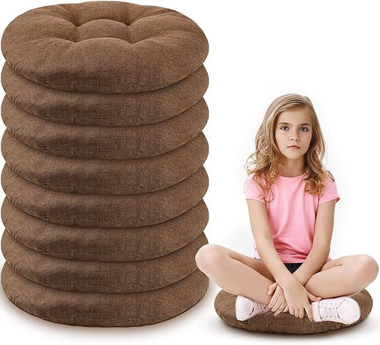 Fumete 8 Pcs 16 Inch Round Floor Cushions for Kids and Toddlers, Flexible Seating Classroom Furniture Floor Pillow for Home, Daycare, Preschool, Yoga and Meditation (Brown)