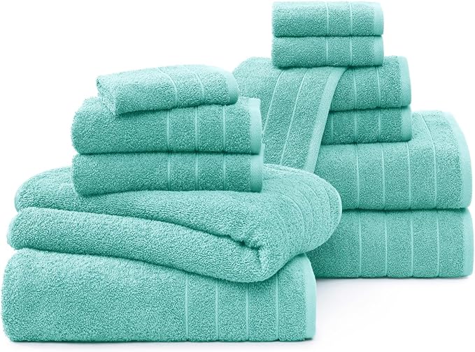 Casa Platino 100% Cotton Premium Bathroom Towel Set - 12 Pieces - Ring Spun, Quick Dry, Super Soft & Highly Absorbent - 4 Bath Towels, 4 Washcloths, 4 Hand Towels for Bathroom - Pre Shrunk - Aqua Sky