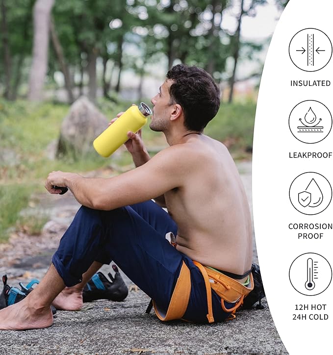 Bambaw Thermo Water Bottle 12 oz, Yellow Water Bottle, Insulated Water Bottle with Handle, Stainless Steel Water Bottle for School, BPA Free Water Bottle Screw Top, Metal Water Bottle – Yellow Beam