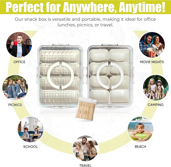 Divided Serving Tray with Lid & Handle| Multi-Purposed Snackle Box Bundle 8ct & 4ct Dividers 20pc Mini Forks| Snackle Box Container for Fruits Nuts Candy Charcuterie Platters Road Trips Picnics