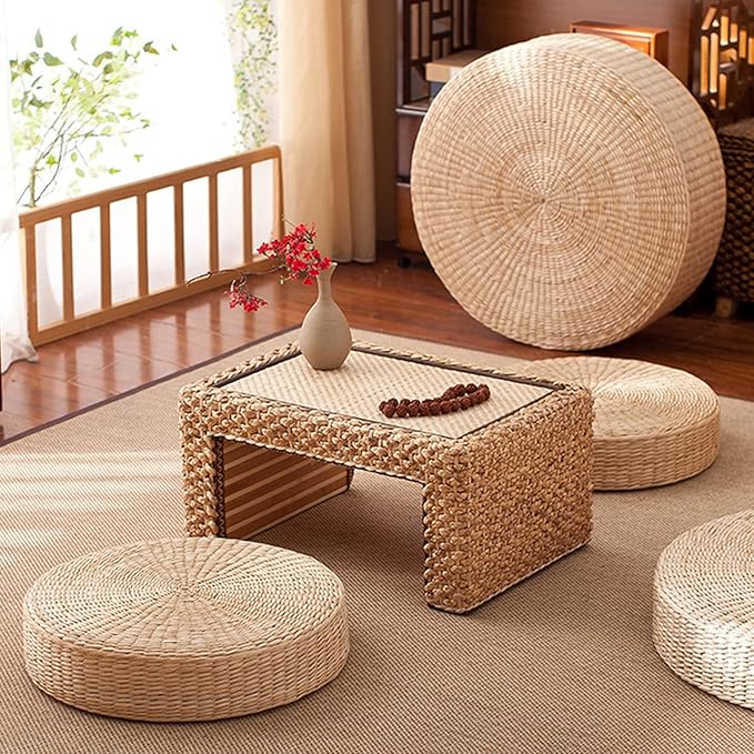 Comfortable Round Seat Cushion, Natural Straw Pouf Tatami Floor Pouf, Meditation Cushion 45cm