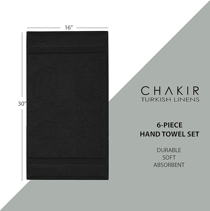 Chakir Turkish Linens | Hotel & Spa Quality 100% Cotton Premium Turkish Towels | Soft & Absorbent (6-Piece Hand Towels, Black)