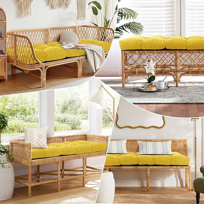 Bench Cushion 48 Inch - Chenille Fabric, High-Density Foam, Non-Slip Bottom, Soft Durable Indoor Tufted Long Seat Cushion for Window Garden Furniture (Yellow, 48x16x4 Inch)