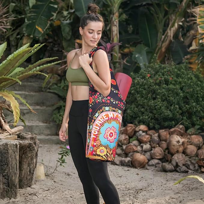 Fashion Printed Yoga Mat Bag with Large Side Pocket & Zipper Pocket Long Tote Yoga Bag Fit Most Size Mats - Holds More Yoga Accessories