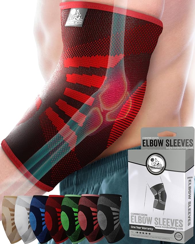 Nordic Lifting Elbow Compression Sleeves (1 Pair) for Men & Women - Support for Pain Relief, Tendonitis, Golfer’s & Tennis Elbow - Weightlifting Brace for Workout, Arm & Joint Recovery