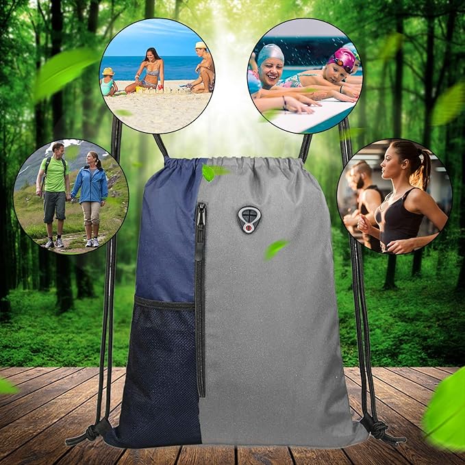 BeeGreen Grey Drawstring Backpack Sports Gym Bag For Women Men Large Draw String Bags Pack With Zipper and Water Bottle Mesh Pockets Workout Bag