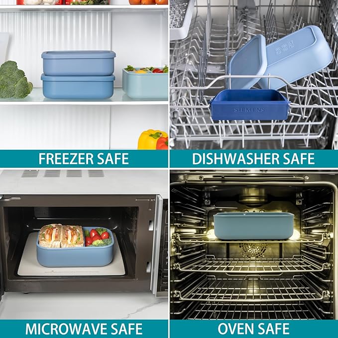 100% Silicone Bento Box Adult with 2 Compartments, 32oz, Reusable Divided Lunch Box Meal Prep Containers for Entree and Side Food Snack Storage, BPA-Free Plastic-Free, Microwave Dishwasher safe, Blue