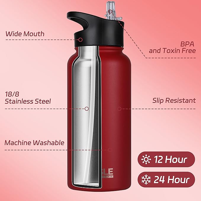HASLE OUTFITTERS 32 oz Insulated Water Bottle Stainless Steel Double Walled Vacuum Sports Water Bottle with 2 Lids (Straw and Spout Lid) for Gym Camping Hiking(Red,1)