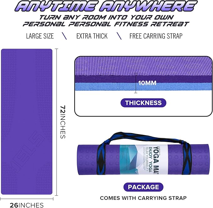 JELS Extra Thick Yoga Mat, 2/5 inch, Ergonomic 3D Non Slip Design, SGS Certified TPE Material, Yoga Mat for Men Women with Carrying Strap,Exercises Mat for Yoga, Pilates and Floor Workout(72"x26")…