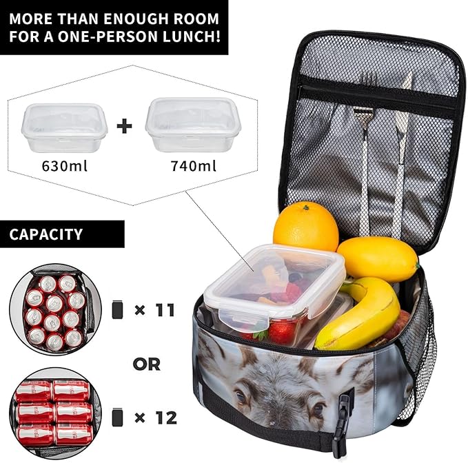 Insulated Lunch Box for Women Men, Reindeer Lunch Box Reusable Portable Lunch Bag Cooler Tote Waterproof Lunch Container for Office Picnic Work Travel Hiking