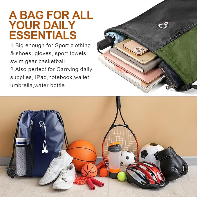 BeeGreen Moss Green Drawstring Backpack Gym Bag For Men & Women – Sports Sackpack with Mesh Water Bottle Holder & 2 Zippered Pockets – Large 16x20 Inch Cinch String Backpack