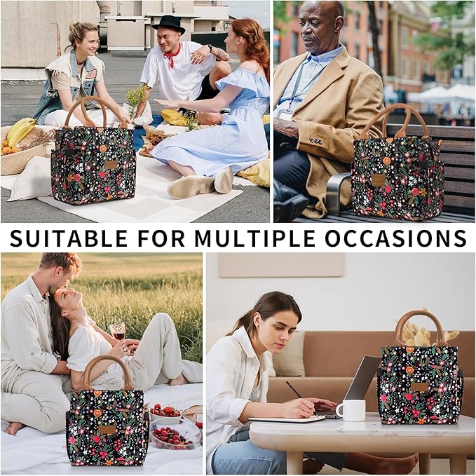 Joymee Lunch Bag Women, Leakproof Insulated Floral Lunch Box with Adjustable Shoulder Strap Large Reusable Adult Lunch Box Lunch Tote Lunch Bag with Water Bottle Holder and Side Pockets-Multi-Floral