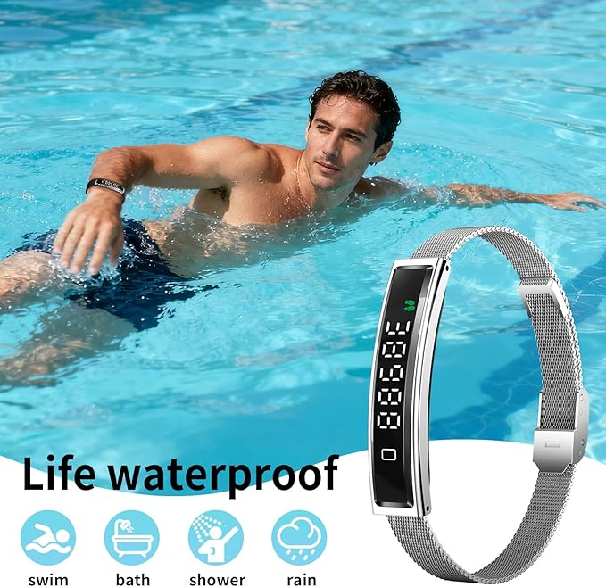 Smart Bracelet,Activity&Fitness Trackers,Touch Screen/Sleep Tracker/Heart Rate/Blood Oxygen,5ATM Waterproof,Multiple Sports Modes,Free App for iOS Android (Steel Belt, Black)