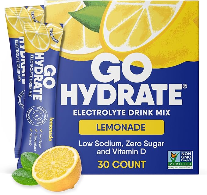 GoHydrate Instant Hydration Powder Packets - Low Sodium Electrolytes Drink Mix - Natural Hydration Support, Sugar Free Electrolyte Flavored Powder Drink with Vitamin D, 30 Packs, Lemonade